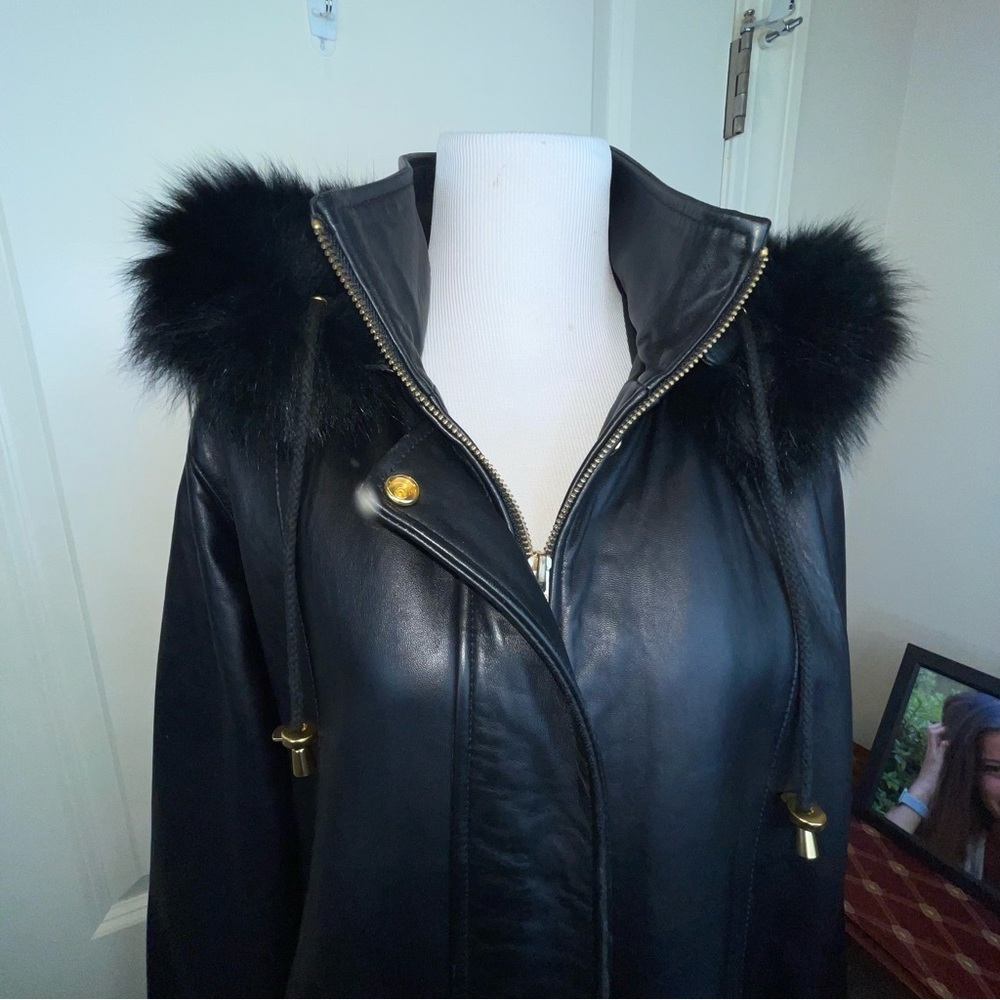 Worthington Lambskin Leather Coat Fur Lined Hood Drawstring Waist Size M - Picture 4 of 17